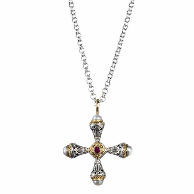 Santorini cross in 18K Gold and Sterling Silver with Ruby - Image 2