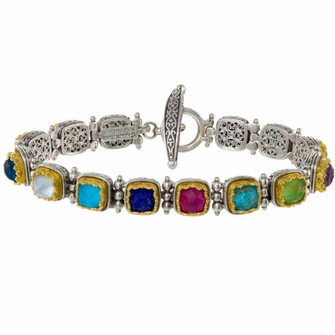 Iris square Links multi colors bracelet in Sterling silver with Gold plated parts - Image 2