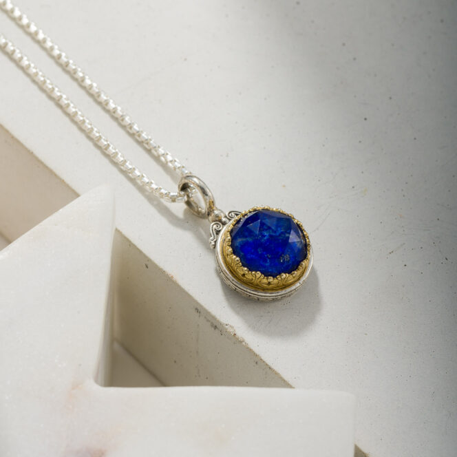 Iris Round Pendant in Sterling Silver with Gold Plated Parts and Doublet Gemstone