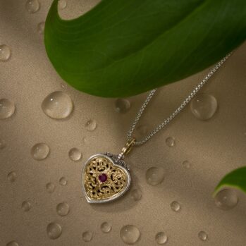 Mediterranean Heart Pendant in 18K Gold and Sterling Silver with Precious stone