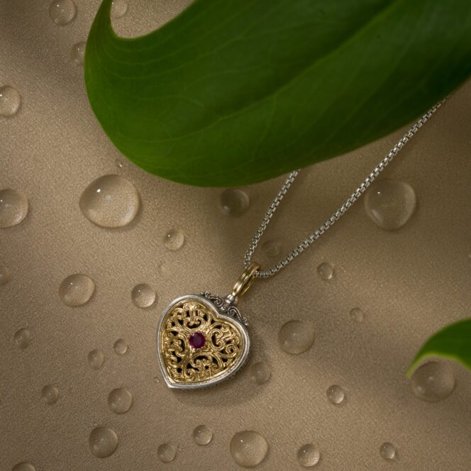 Mediterranean Heart Pendant in 18K Gold and Sterling Silver with Precious stone