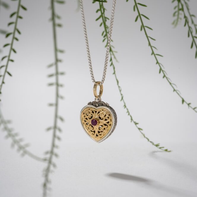 Mediterranean Heart Pendant in 18K Gold and Sterling Silver with Precious stone - Image 2