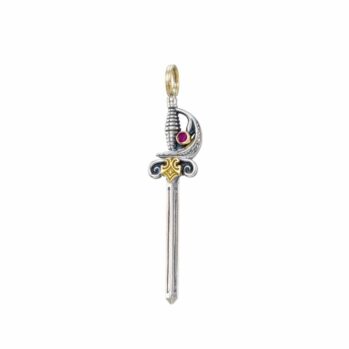 Sword Pendant in 18K Gold, Sterling Silver, Ruby and Garnet 3402