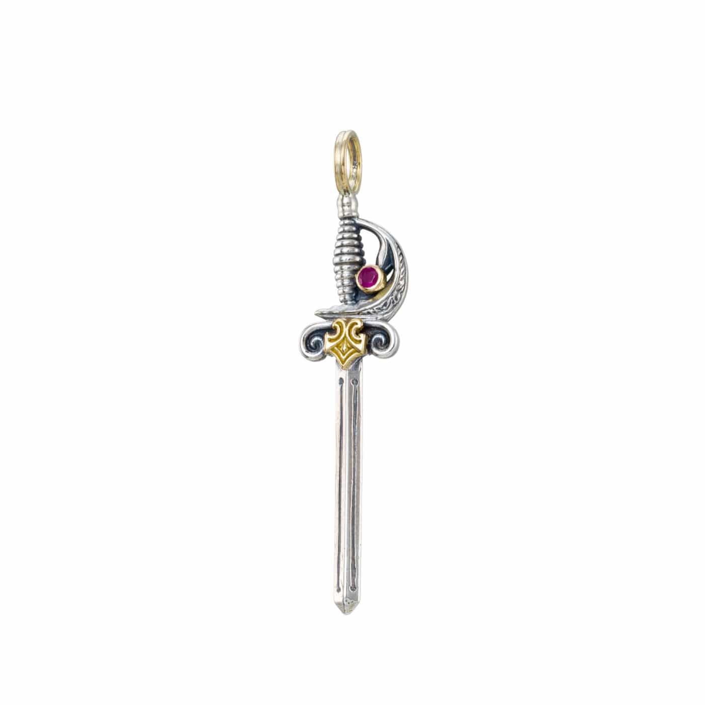 Sword Pendant in 18K Gold, Sterling Silver, Ruby and Garnet 3402