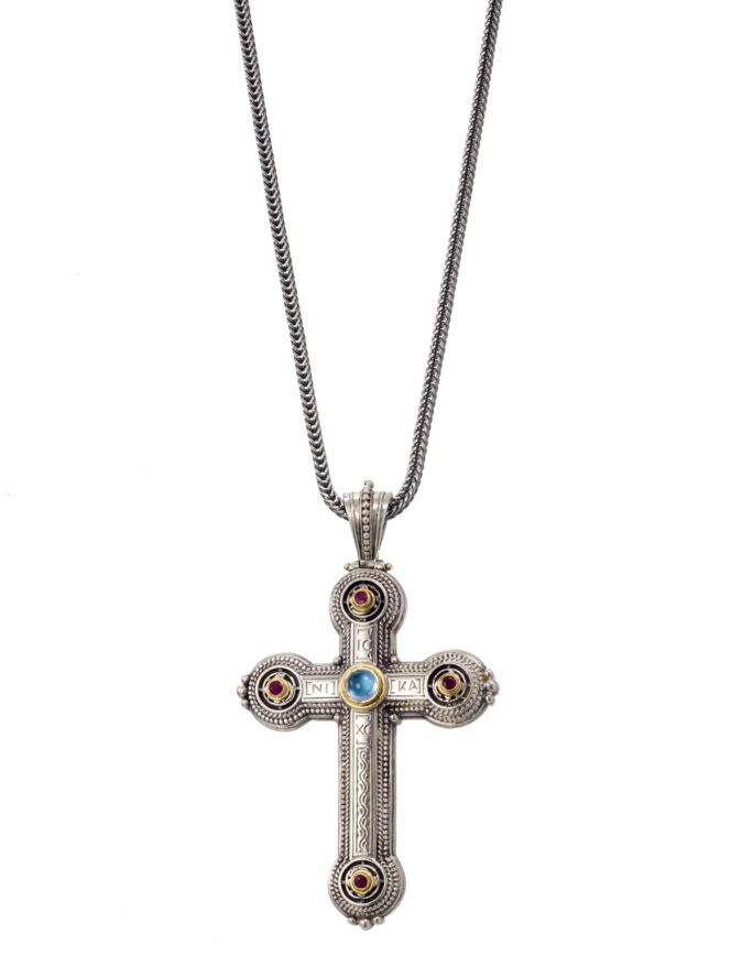 Byzantine cross in 18K Gold and Sterling Silver with Gemstones - Image 3
