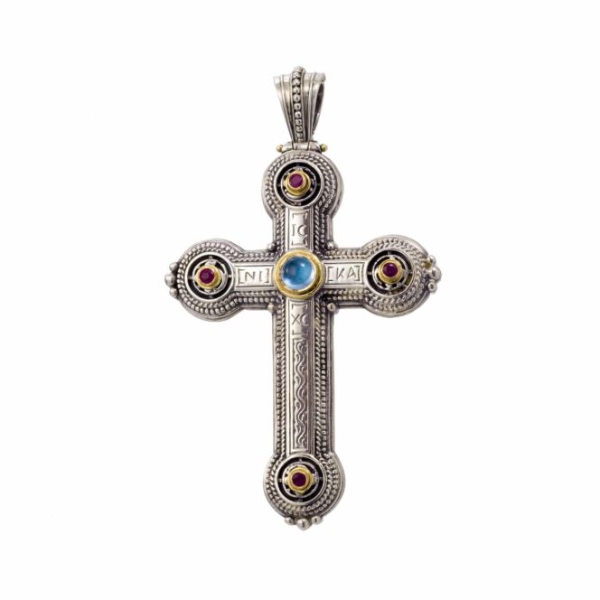 Byzantine cross in 18K Gold and Sterling Silver with Gemstones - Image 2