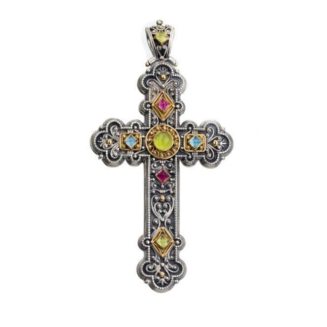 Byzantine cross in 18K Gold, sterling silver and semi precious stones