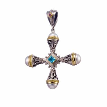 Santorini cross in 18K Gold and sterling silver with Gemstones