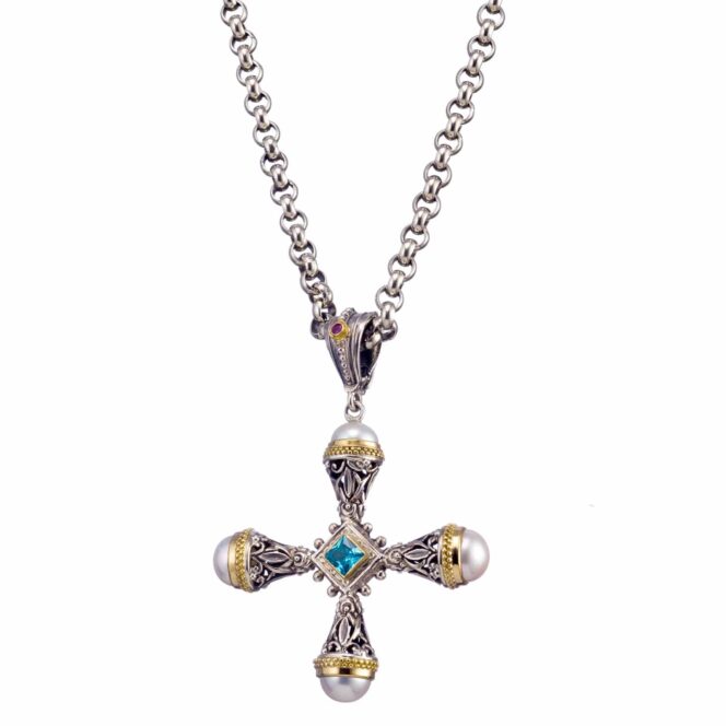 Santorini cross in 18K Gold and sterling silver with Gemstones - Image 4