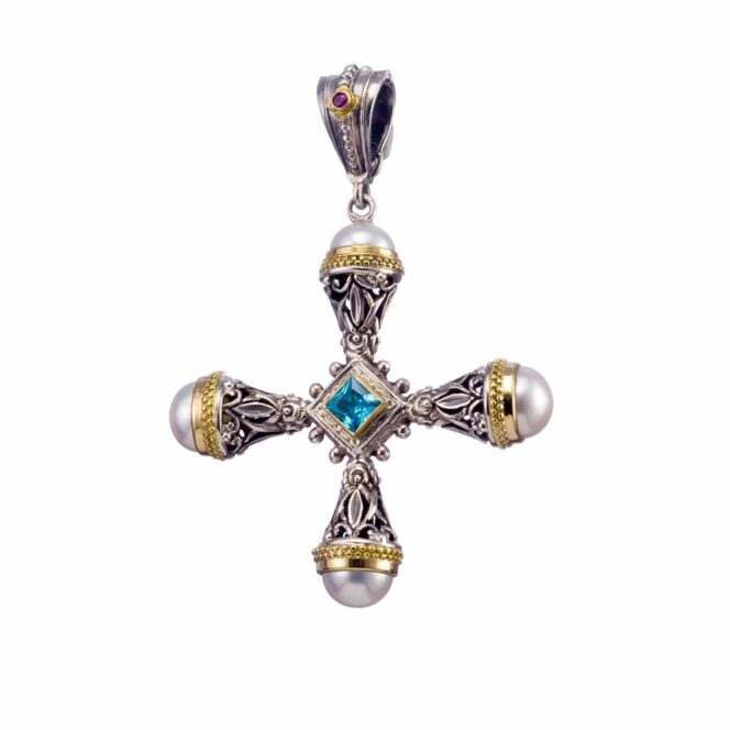 Santorini cross in 18K Gold and sterling silver with Gemstones
