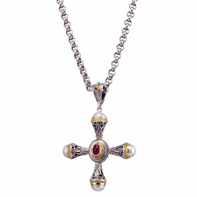 Santorini cross in 18K Gold and sterling silver with Gemstones - Image 2