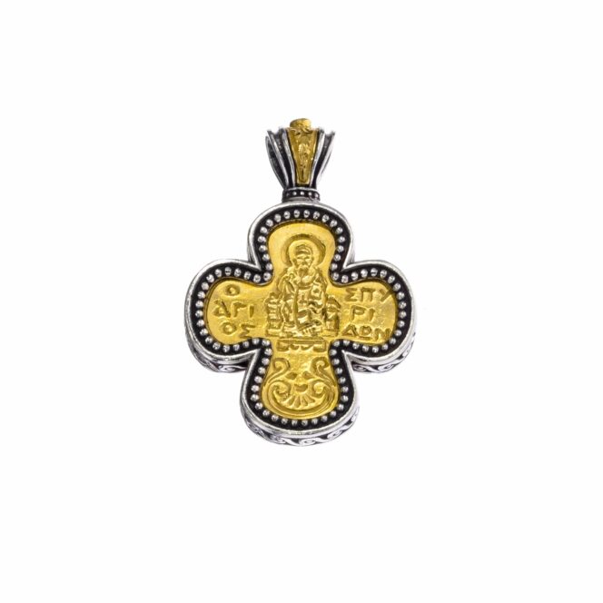 Cross in sterling silver with Gold plated parts engraved Saint Spyridon