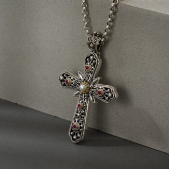Byzantine cross in 18K Gold and Sterling silver with Gemstones