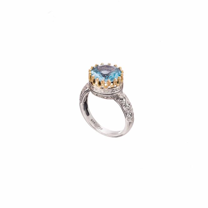 Crown round Ring in 18K Gold and sterling silver with Blue topaz - Image 2