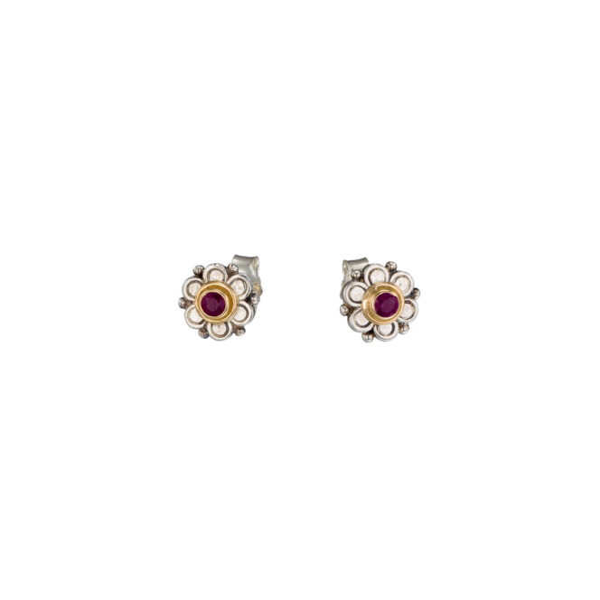 Stud flower Earrings in 18K Gold and Sterling Silver with ruby - Image 2