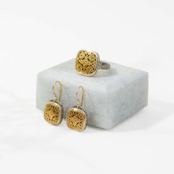 Mediterranean Square Set Earrings and Ring in 18K Gold and Sterling Silver