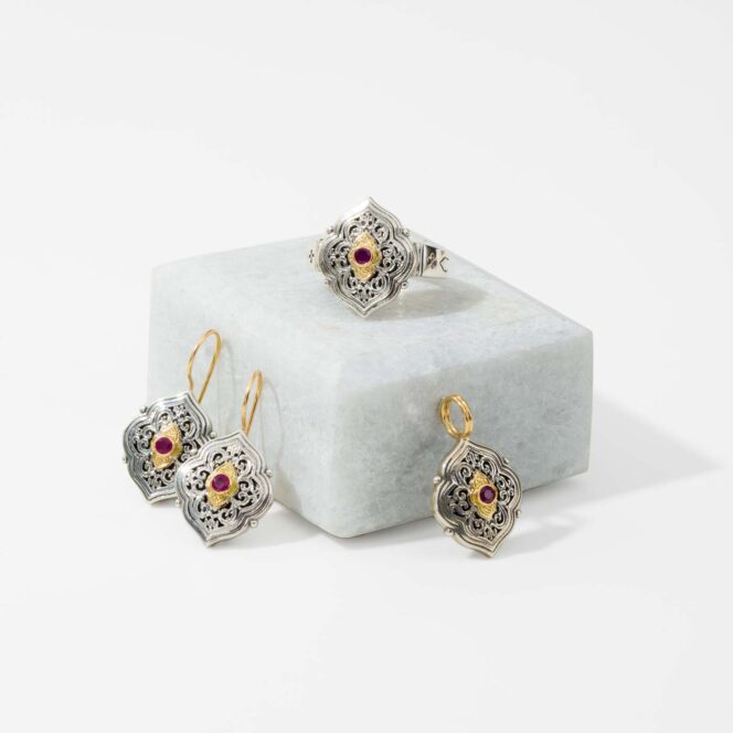 Set Earrings, Pendant, Ring in 18K solid Yellow Gold and Sterling silver with Rubies