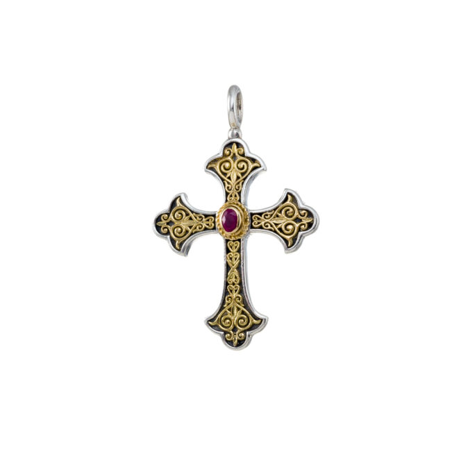 Aretousa Cross in 18K Gold and Sterling silver with Ruby