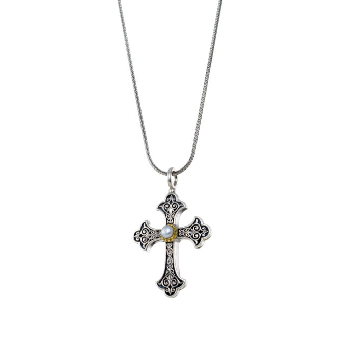 Aretousa Cross in sterling silver with 18K Gold with Pearl - Image 2