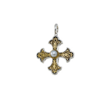 Aretousa Cross in 18K Gold and Sterling silver with Pearl