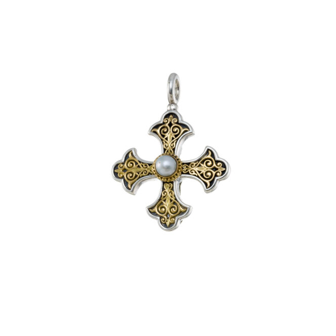 Aretousa Cross in 18K Gold and Sterling silver with Pearl
