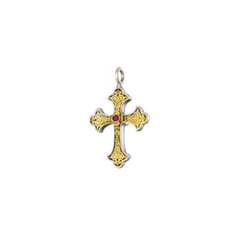 Aretousa small Cross in 18K Gold and Sterling silver with Ruby