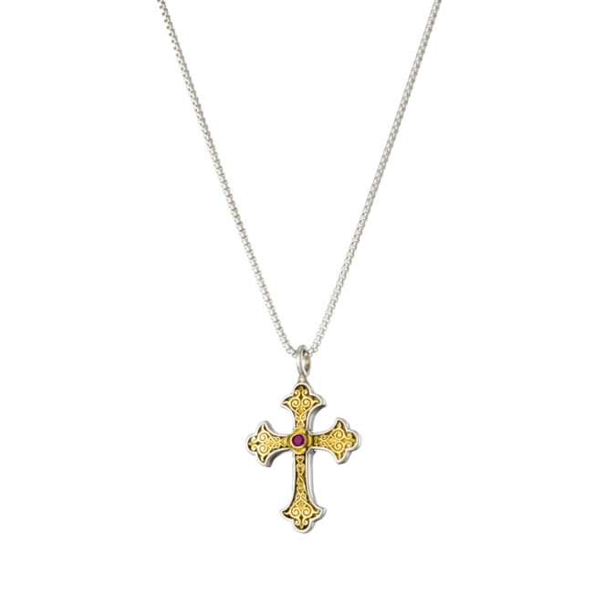 Aretousa small Cross in 18K Gold and Sterling silver with Ruby - Image 2