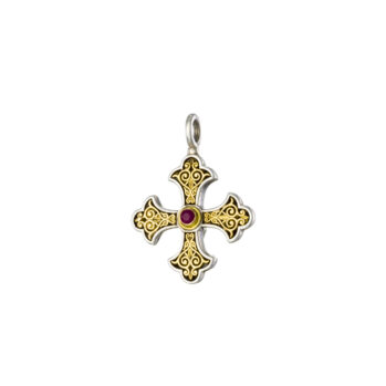 Aretousa Medium Cross in 18K Gold and Sterling silver with Ruby