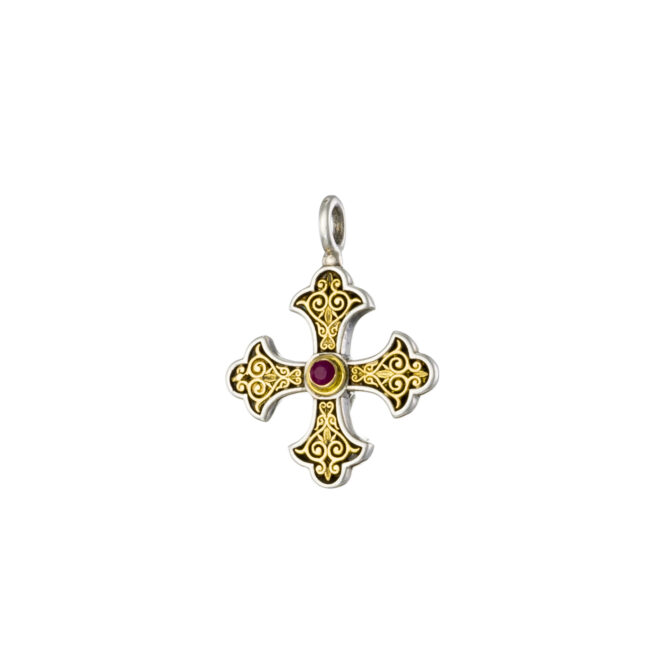 Aretousa Medium Cross in 18K Gold and Sterling silver with Ruby