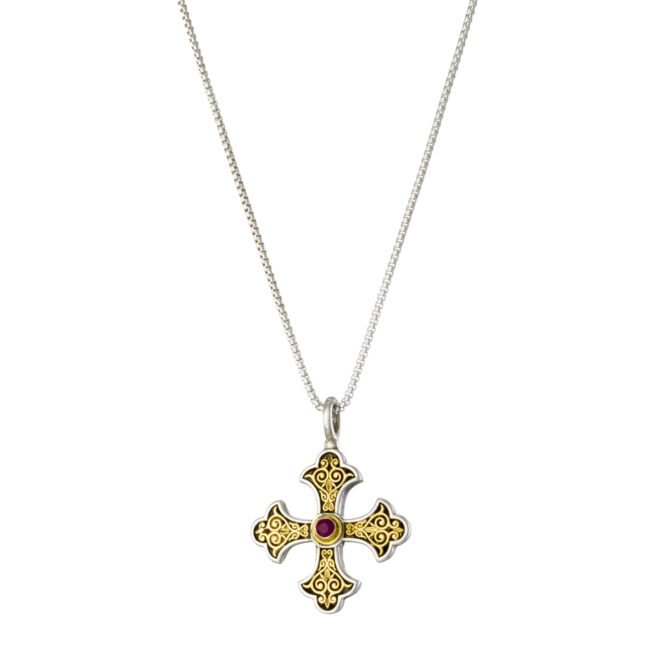 Aretousa Medium Cross in 18K Gold and Sterling silver with Ruby - Image 2