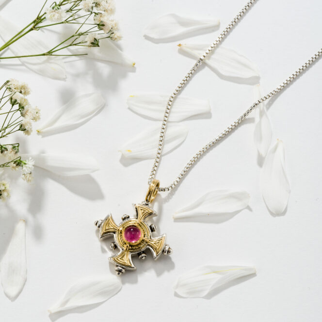 Cyclades Cross in 18K Gold and Sterling Silver with Semi Precious Stone - Image 2