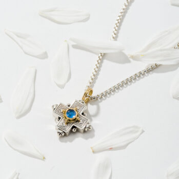 Cyclades Cross in 18K Gold and Sterling Silver with Semi Precious Stone