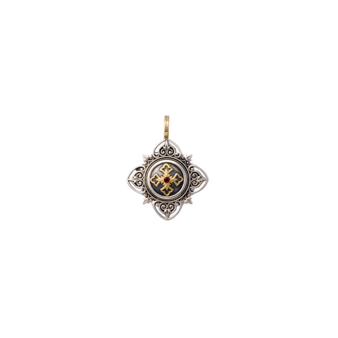 Aretousa Cross Pendant in 18K Gold and Sterling Silver with Ruby - Image 3