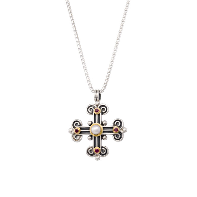 Byzantine Cross in 18K Gold and Sterling Silver with Gemstones - Image 2