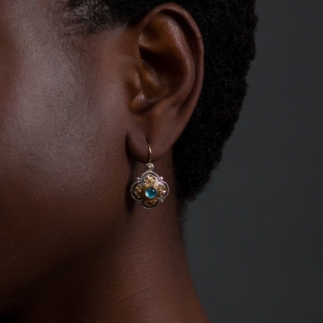 Athenian Flower Earrings in 18K Gold and Sterling Silver with Aquamarine