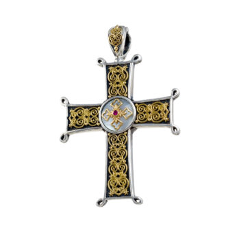 Erotokritos and Aretousa Cross in 18K Gold and Sterling silver with mother of pearl and ruby