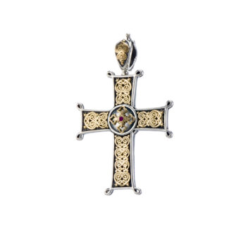 Erotokritos and Aretousa Cross in 18K Gold and Sterling silver with ruby
