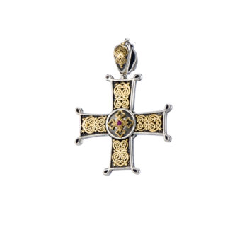 Erotokritos and Aretousa Cross in 18K Gold and Sterling silver with ruby