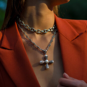 Santorini Cross in Sterling Silver and 18K Gold tiny flower with ruby and Pearls