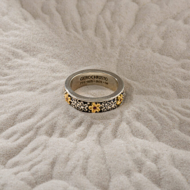 Wild Flowers Anthemis ring in sterling silver with 18K solid Yellow Gold and precious stones - Image 2