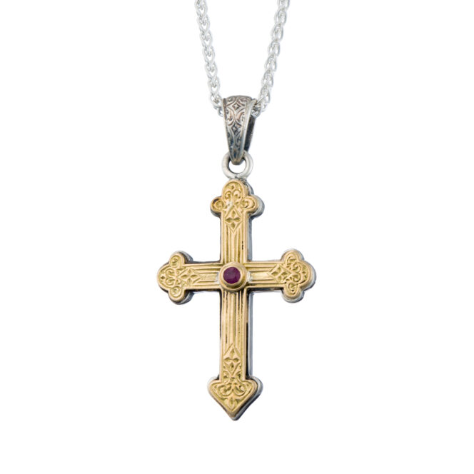 Byzantine Cross in 18K Gold and Sterling Silver with ruby - Image 2