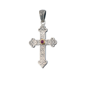 Byzantine Cross in Sterling Silver and details in 18K Gold with ruby