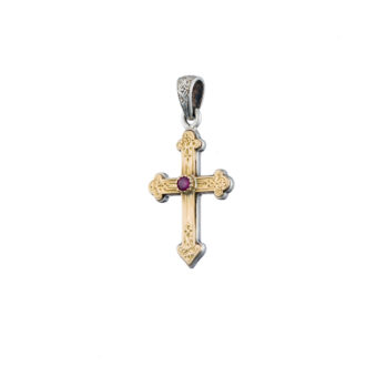 Byzantine Cross in 18K Gold and Sterling Silver with ruby