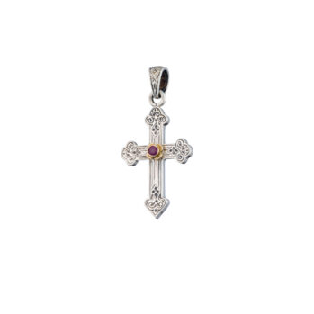 Byzantine Cross in Sterling Silver and 18K Gold with ruby