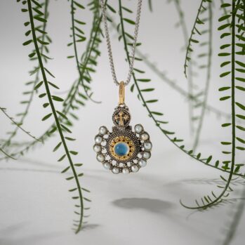 Athenian Flower Peacock Pendant in 18K Gold and sterling silver with aquamarine