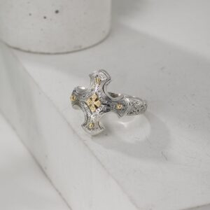 Cross ring in Sterling silver with 18K solid Yellow Gold Details