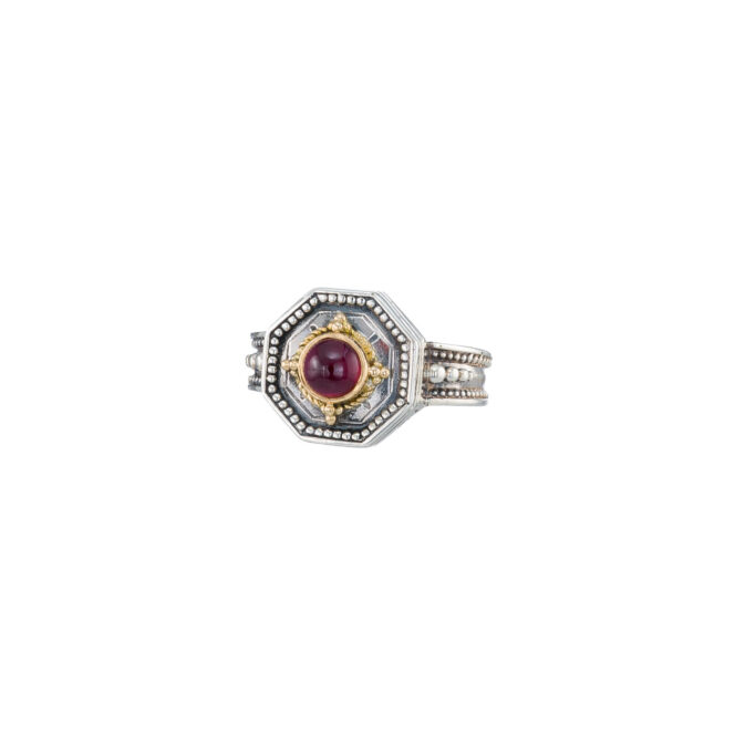 Cyclades polygon ring in 18K Gold and Sterling silver with garnet