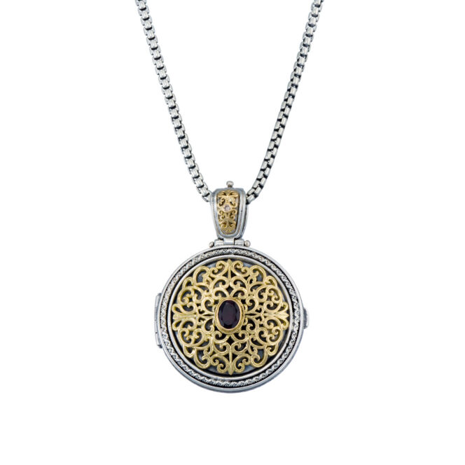 Mediterranean round locket in 18K Gold and Sterling silver with Gemstone