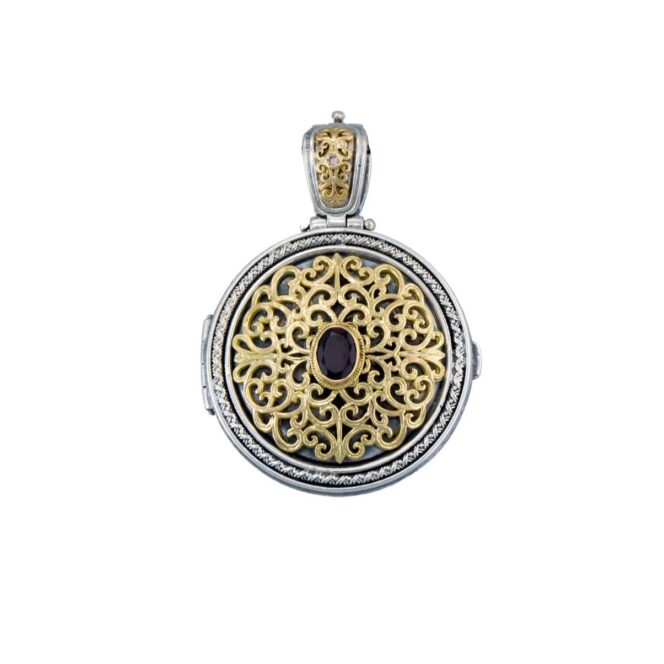 Mediterranean round locket in 18K Gold and Sterling silver with Gemstone - Image 3