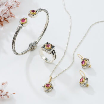 Cyclades square set in 18K Gold and Sterling silver with semi precious stones
